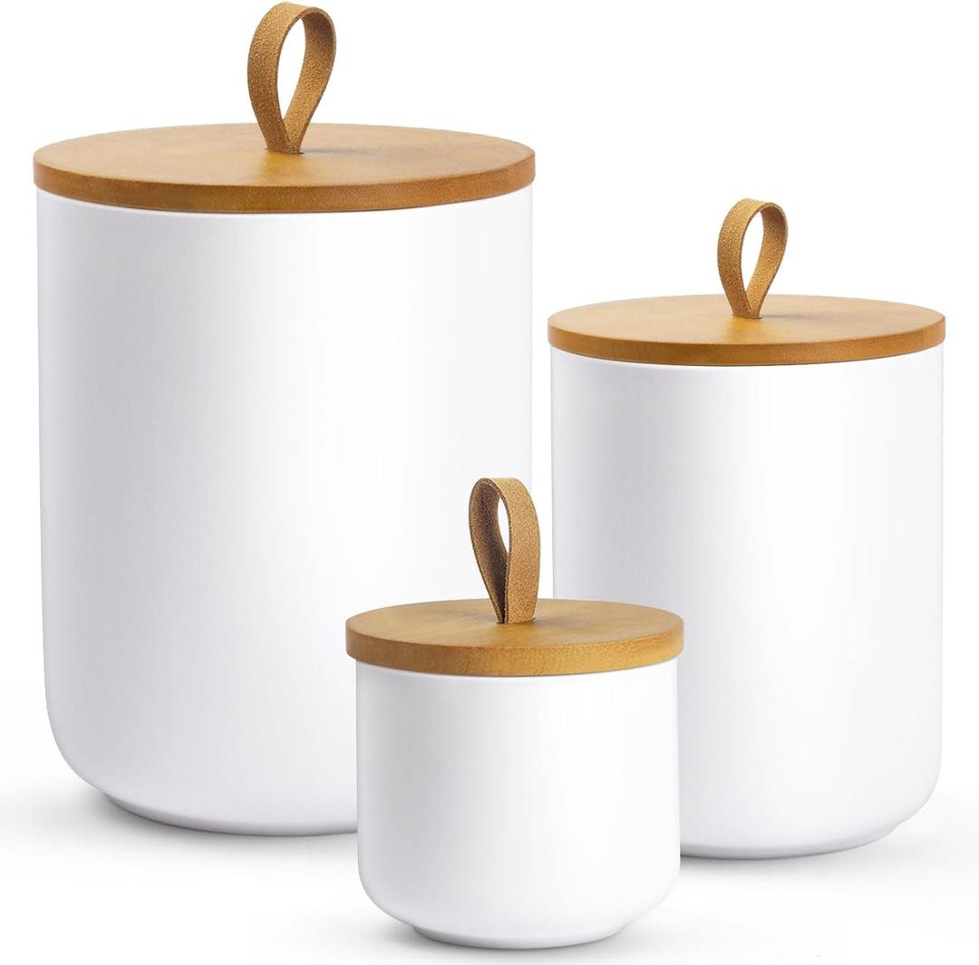 Canisters Sets for The Kitchen, Airtight Kitchen Canisters for Countertop, Kitchen Canisters Set of 3 with Top Handle, Modern Ceramic Jar with Wooden Lid for Coffee Flour Cookie Nuts (White)