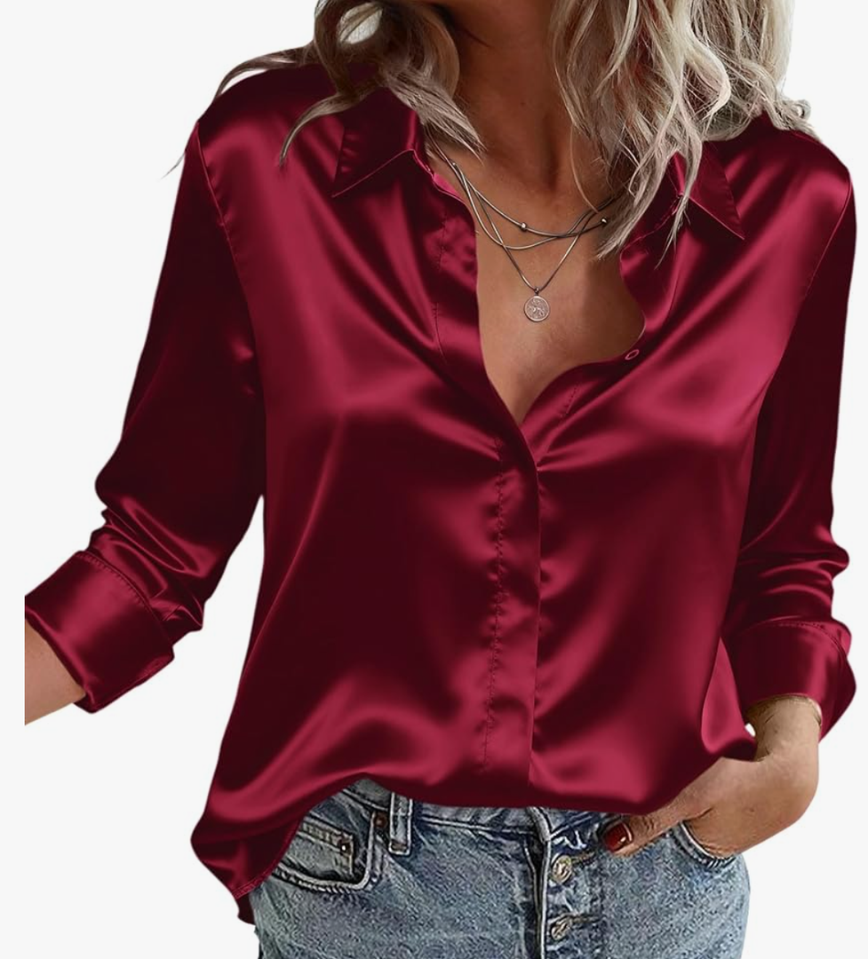 Zeagoo Satin Blouses for Women Casual Long Sleeve Button Down Silk Shirts Dressy Business Work Tunic Top 2XL