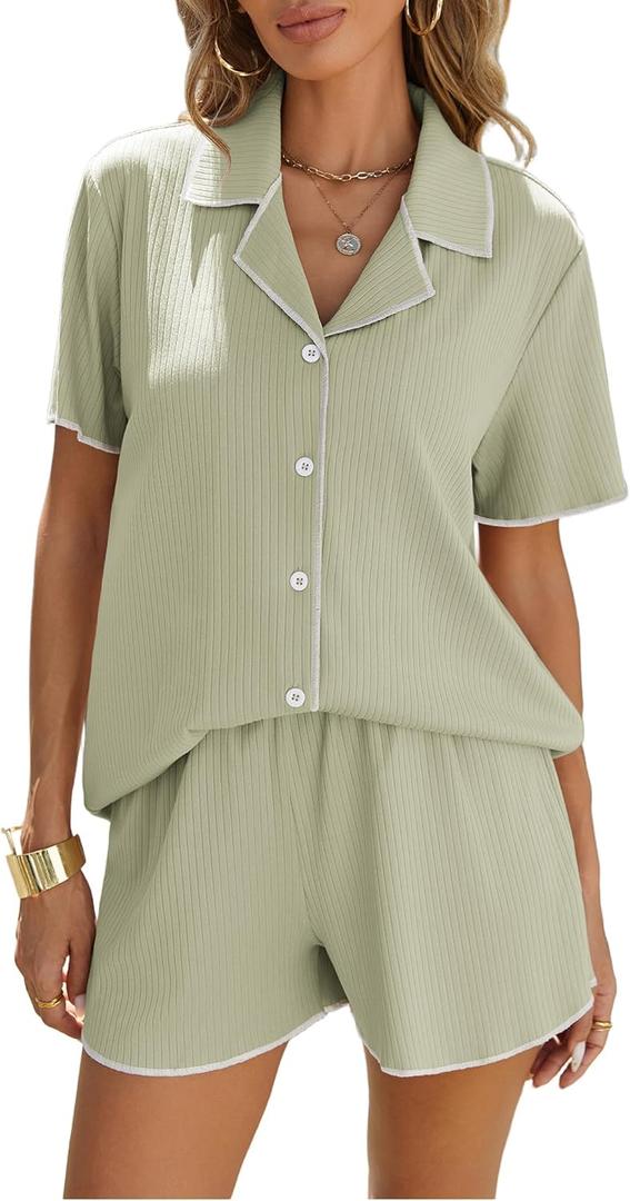 Ekouaer Women's Ribbed Button Down Pajamas Sets 2 Piece Short Sleeve Shorts Pjs Knit Lounge Sets (Large, Light Green)