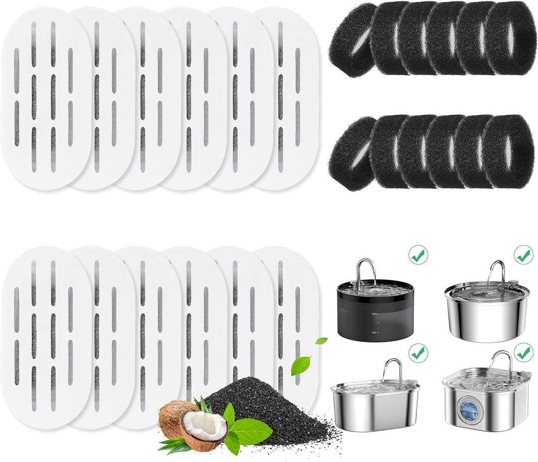 Cat Water Fountain Filters, 24 Pack Cat Fountain Filters, Cat Fountain Replacement Filters for 67oz/2L&108oz/3.2L Stainless Steel Cat Water Fountain, Pet Water Fountain Filters (12 Filters&12 Sponges)