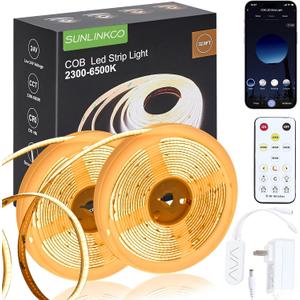 COB LED Strip Light 32.8ft, Dimmable 2300K-6500K White CCT Tunable, DC 24V Cuttable LED Tape Light, High Density 6080 LED 48W CRI 90, APP Remote Control, Music Mode, For Home DIY, Living Room, Bedroom