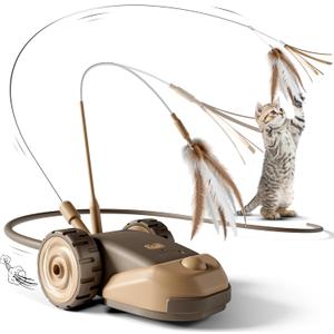 CYROS 3-in-1 Interactive Cat Toy - 2-Speed Automatic Moving Mouse Cat Toys Self Play with 2pcs Hanging Feather String Ribbon and Wiggly Silicone Mice Tail for Bored Indoor Adult Cats Kittens (Brown)