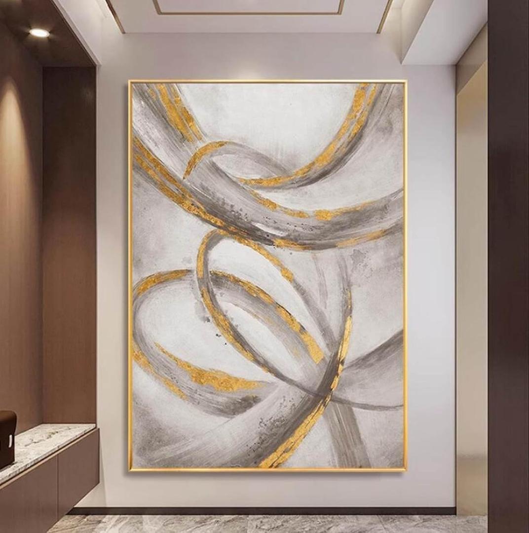 Art Oil Painting 100% Handmade: Large Luxurious Gold Foil Lines Wrapped Around Canvases, Oil Paintings, Abstract Minimalist Wall Pictures For Wall Decor 4*3ft