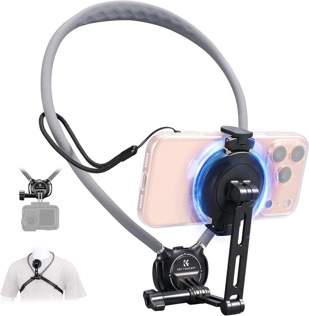 K&F CONCEPT Neck Phone Holder, 2-in-1 Magnetic & Clip-on Phone Neck Holder, POV Phone Holder, Hand Free Chest Stand Compatible with iPhone 17-12 Seires Android Phones