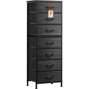 WLIVE Tall Dresser for Bedroom, 7 Drawer Dressers & Chests of Drawers, Fabric Dresser for Closet, Night Stand with Metal Frame, Storage Tower with Fabric Bins, Woodtop, Charcoal Black Wood Grain Print