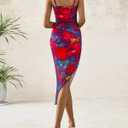 PRETTYGARDEN Women 2025 Summer Mesh Dress Spaghetti Strap Cowl Neck Print Ruched Bodycon Dresses Asymmetrical Long Dress (XL)