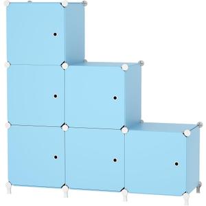 Cube Storage Organizer, 6-Cube Shelves Unit with Doors, DIY Stackable Plastic Clothes Organizer for Bedroom and Under Stairs Storage Unit, Each Compartment 30 x 30 x 30 cm Blue