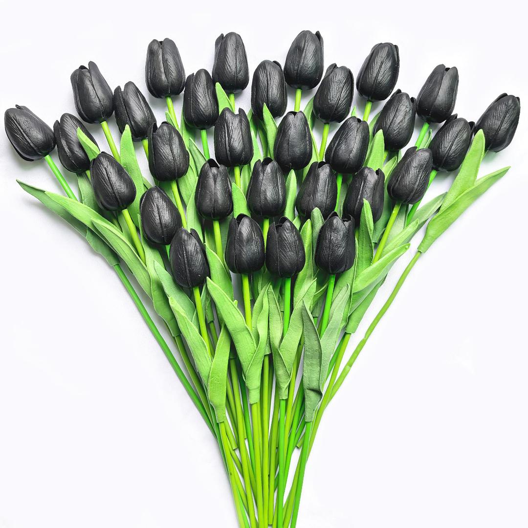 Subacy 30 PCS Artificial Tulips Real Touch Tulips 13.5inch Long Stem Fake Flowers Silk Flowers for Spring Easter Mother's Day Decorations（White+Light Blue）