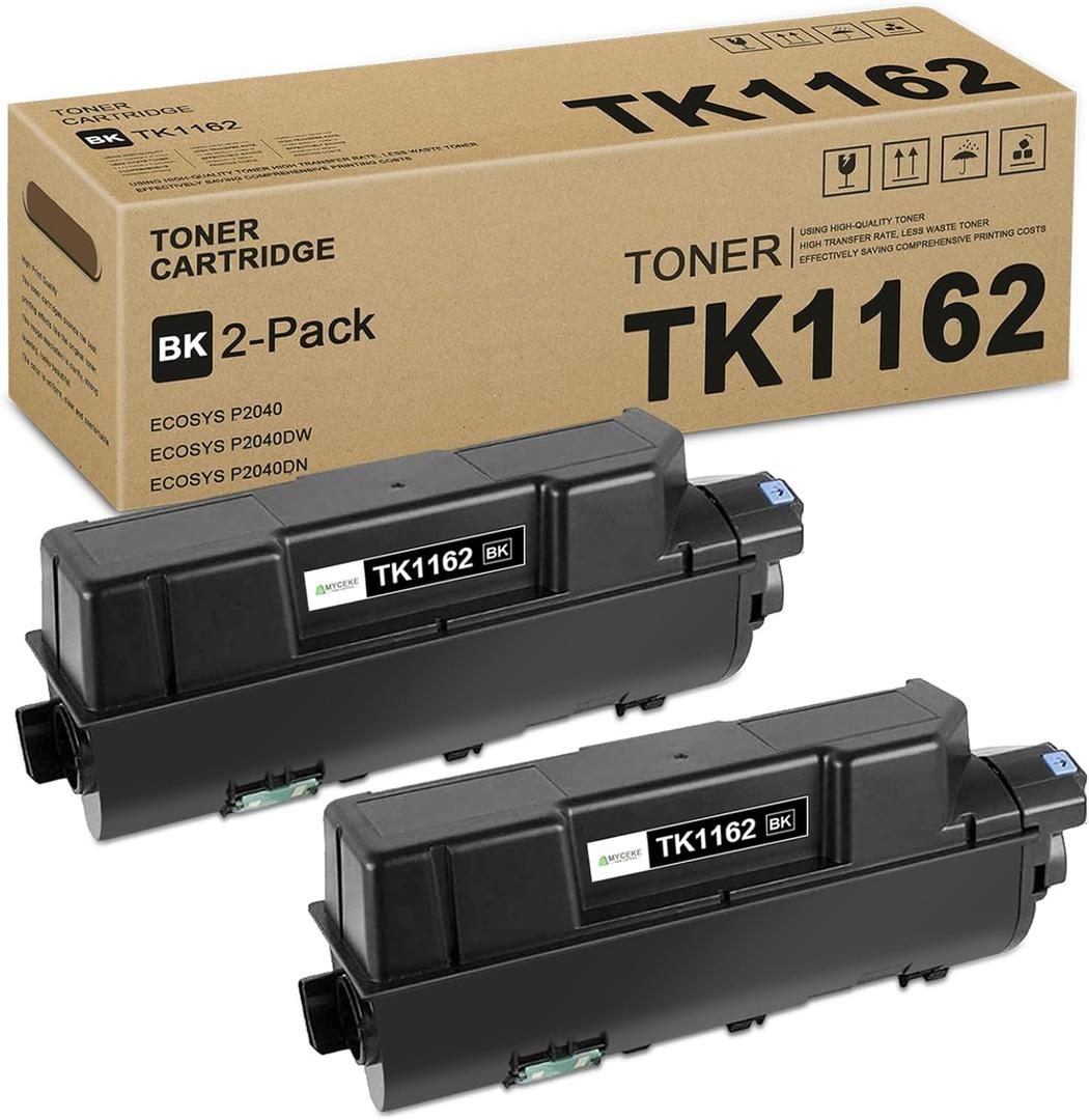 2 Pack TK1162 Black Toner Cartridge: Compatible TK1162K TK-1162 Toner Replacement TK-1162 Toner Cartridge for Kyocera ECOSYS P2040 P2040dw P2040dn Printer, 7,700 Pages Each