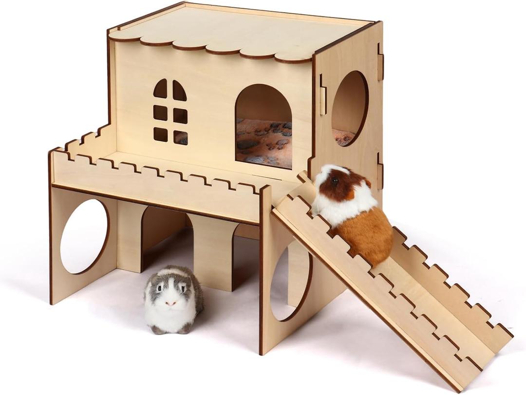 Wooden Hamster House Small Pets Woodland House Habitats Decor Cute Wood Bunny Castle House Guinea Pig Hideout Wooden Castle House for Playing and Hiding (Style H, Large)