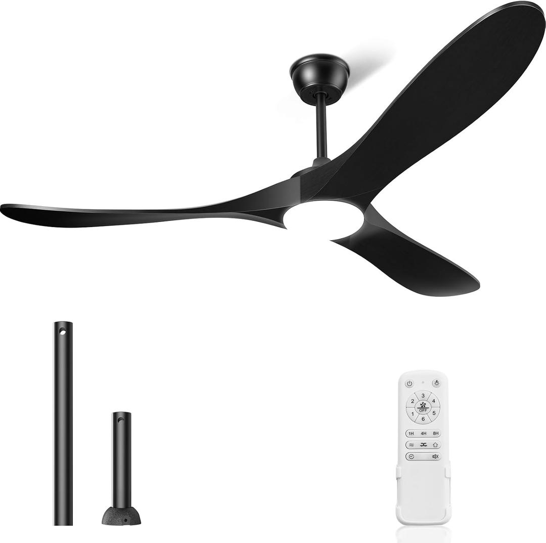 Ceiling Fans with Lights and Remote, 3 Solid Wood Blades, Outdoor Wooden Ceiling Fan with 2 Downrods for Patios, 52 Inch Modern Ceiling Fan with Noiseless Reversible DC Motor (Black)