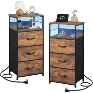 WLIVE Nightstand Set of 2 with Charging Station, LED Night Stand Sets with 3 Fabric Drawers and Storage Shelf, 31.93" H Bedside Table with USB Ports and Outlets for Bedroom, Rustic Brown
