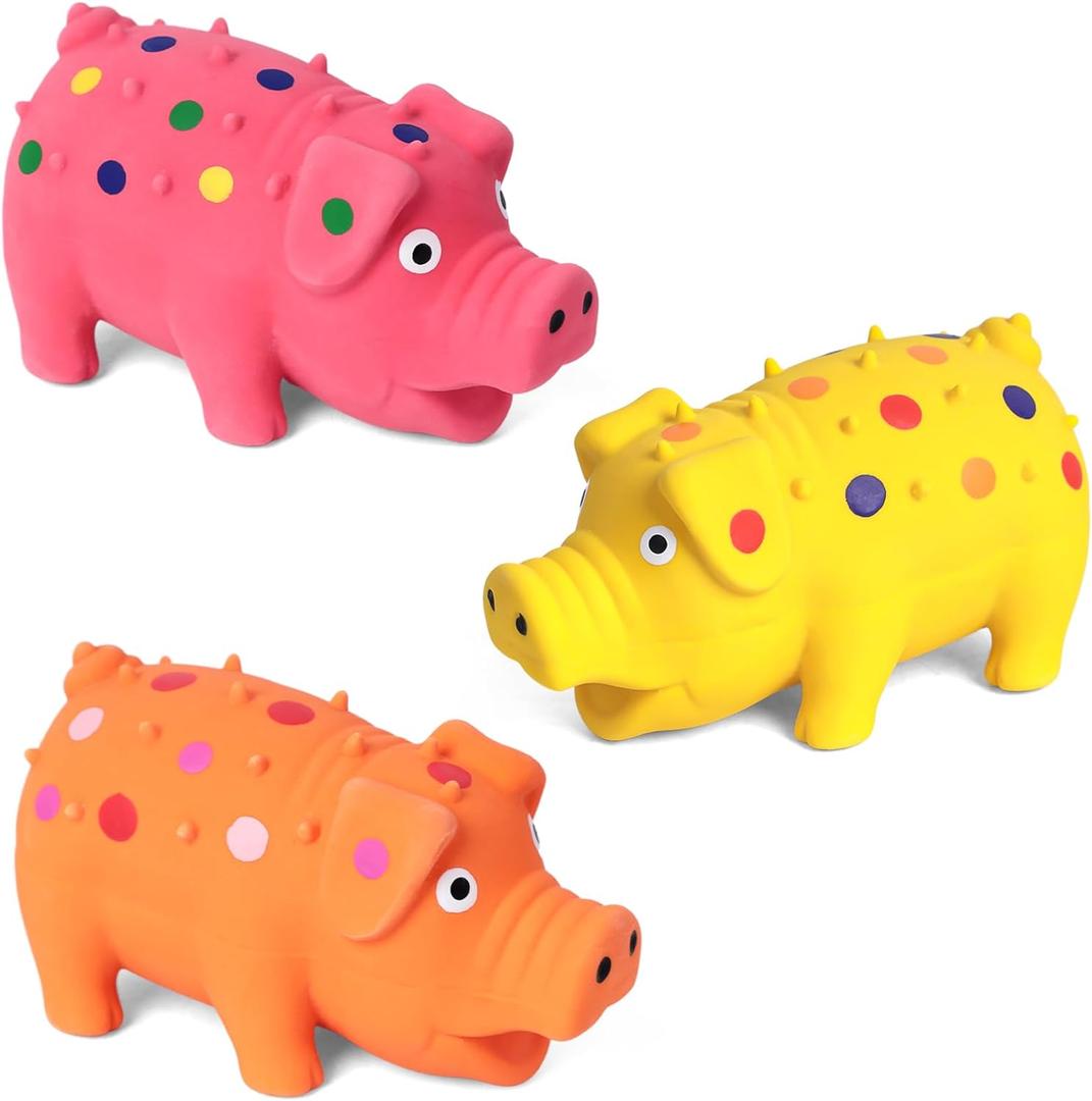 POPLAY 3PCS Squeaky Latex Grunting Pig Dog Toys, 4 Inch Prank Nosie Maker Puppy Chew Toys Rubber Squeeze Gift for Dogs (Colorful)