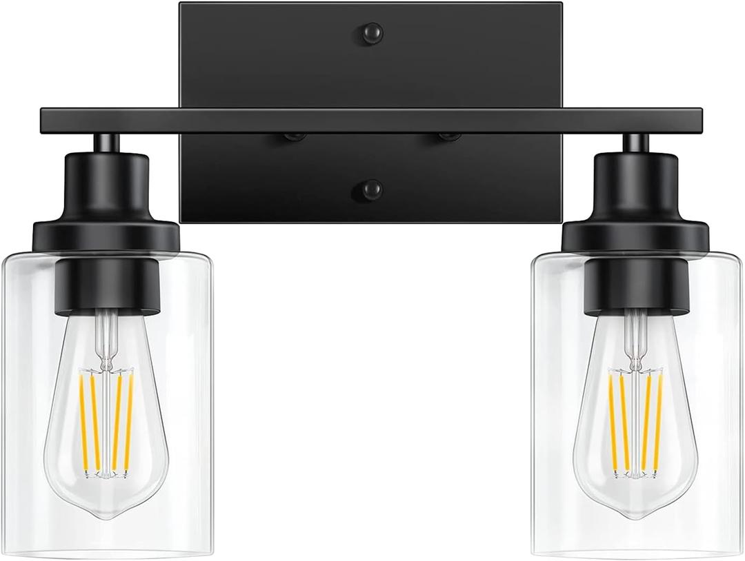 Bathroom Light Fixtures, Black 2-Light Vanity Lights, Modern Bathroom Vanity Light with Clear Glass Shade, Wall Lamp with Metal Frame over Mirror, Vanity Lights for Washroom Bedroom Hallway E26 Base