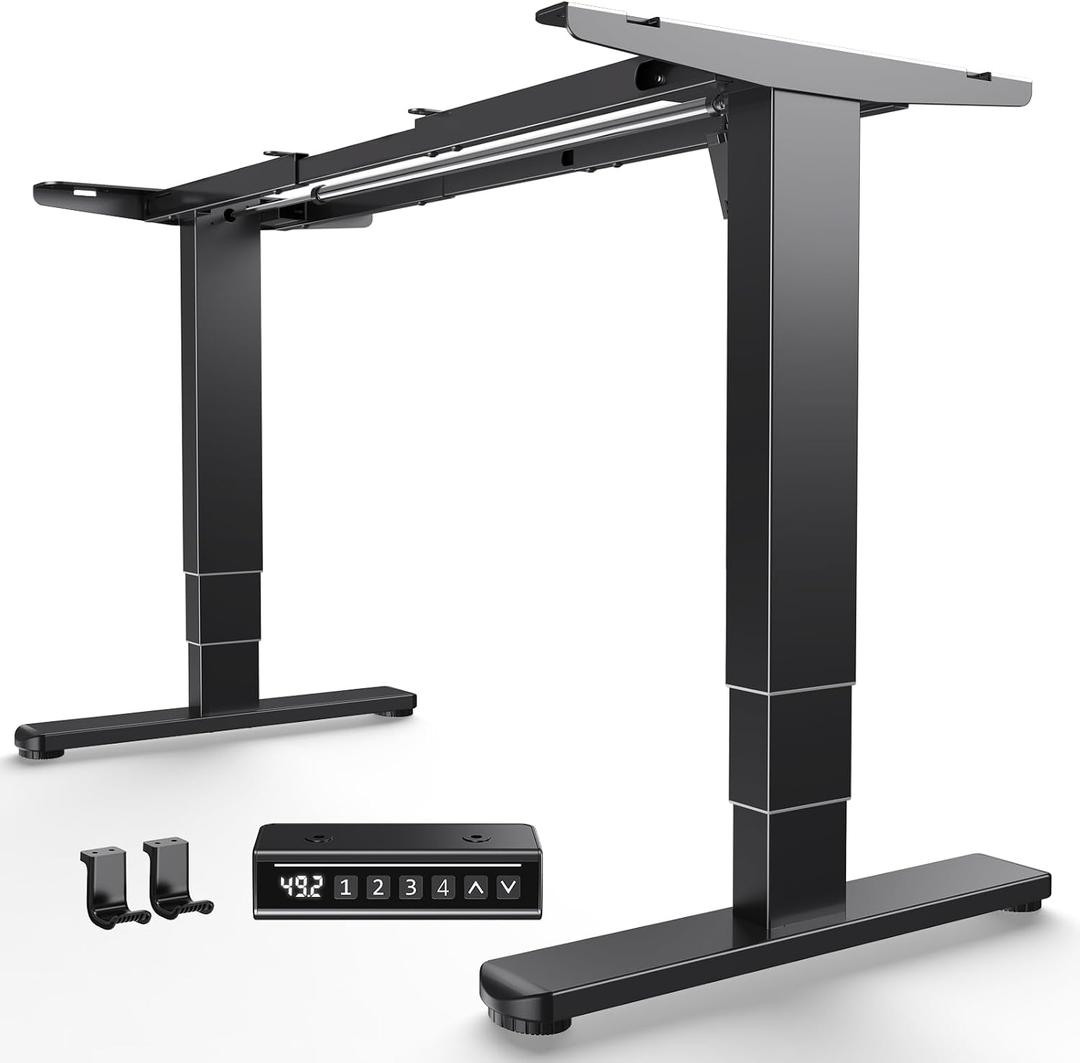 HUANUO Standing Desk Frame with 220lbs Powerful Brushless Motor, Double Crossbeam Structure, Thick Adjustable Desk Legs, for Max 35.4″ x 86.6″ Desktop, for Home Office, Black Frame Only, 3-Stage