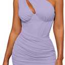 KUTUMAI Women's Sexy One Shoulder Cutout Bodycon Corset Dress Ruched Mesh Party Club Mini Dresses (Lavender, M)