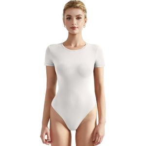 SUUKSESS Women Crew Neck Short Sleeve Thong Bodysuit Shirts Basic Top (Medium, Snow White)