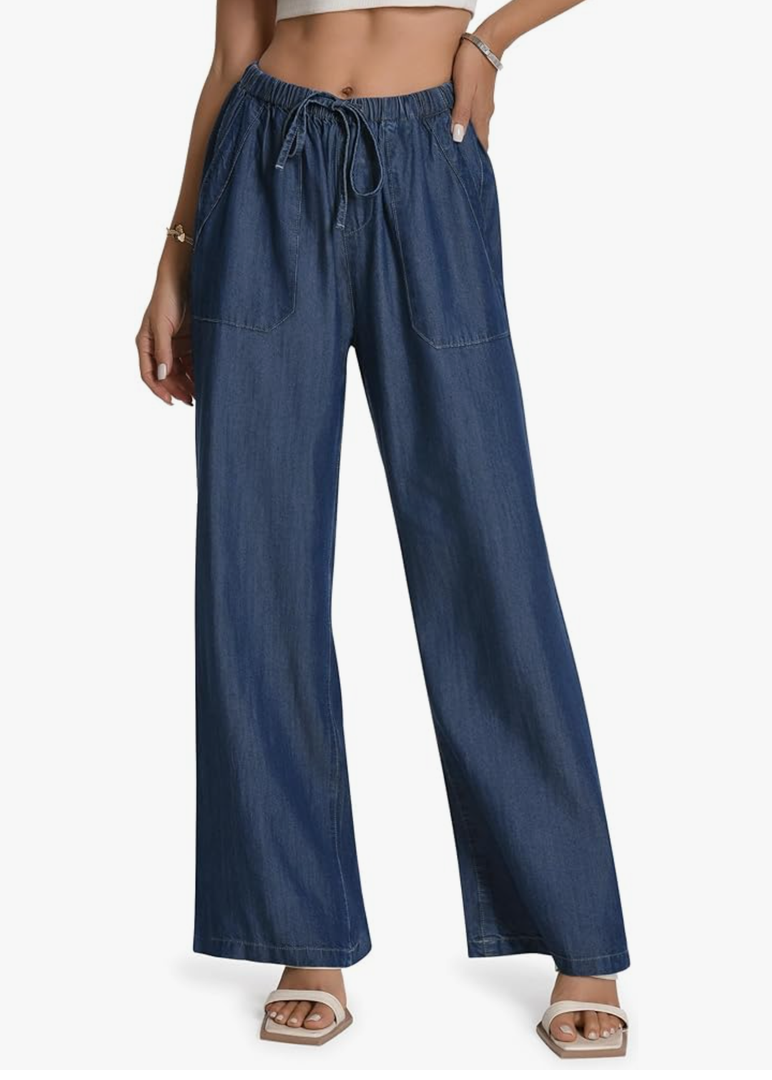 Skirt BL Women's Drawstring Elastic Waist Jeans Pull on Wide Leg Flowy Jeans for Trendy Soft Lightweight Denim Pants L