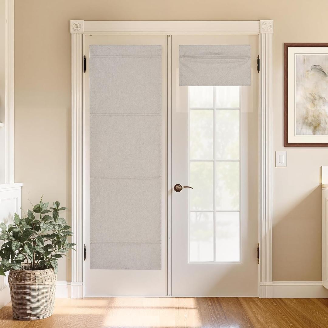 StangH 100% Blackout Linen Roman Shade for Doors, Beige Cordless Lightweight French Door Shade with Magnetic Lift, Easy Install Farmhouse Blind for Living Dining Room, W 26 x L 64, 1 Panel