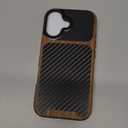 TENDLIN Compatible with iPhone 17 Case Wood Grain with Carbon Fiber Texture Design Leather Hybrid Slim Case (Black)