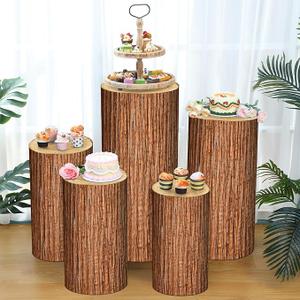 Set of 5 Wooden Texture Cylinder Stand Covers Spandex Pedestal Stand Cover for Party Wedding Baby Shower Birthday Decorations Only Contains Assorted Size Elastic Cylinder Cover(Wood Color)