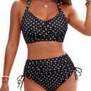 Blooming Jelly Womens High Waisted Bikini Sets Drawstring Tummy Control Swimsuits Crisscross Tie Back Bathing Suit (XL, Black)