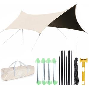 Waterproof Camping Tarp Hammock Rain Fly -14.7×9.8ft with 2 Poles, Mutifunctional Tent UV Protection & Waterproof & Lightweight Tarp, for Camping, Outdoor, Traveling, Hiking (Hexagon, Khaki), Hexagon 3x4.5m