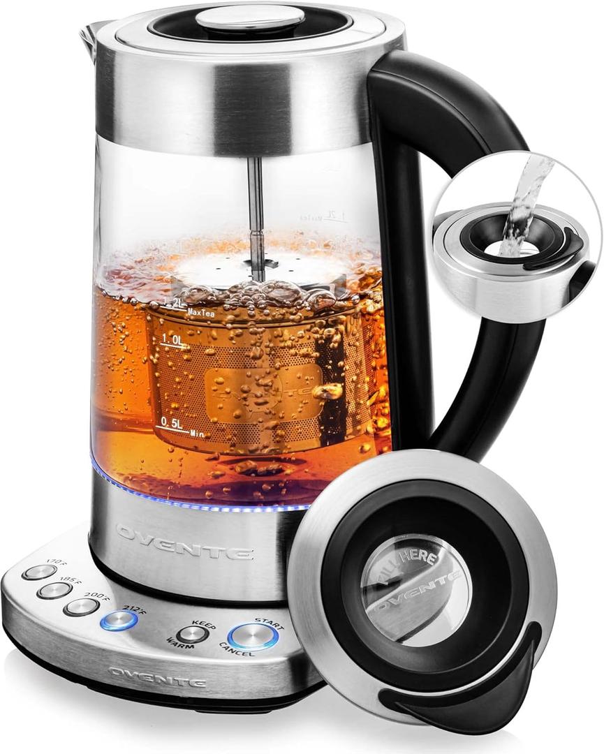 OVENTE 1.7L Electric Tea Kettle with Removable Infuser, Variable Temperature Control, Keep Warm Function, 1500W Fast Heating Water Boiler, BPA Free Borosilicate Glass & Easy to Fill Lid, Silver KG733S