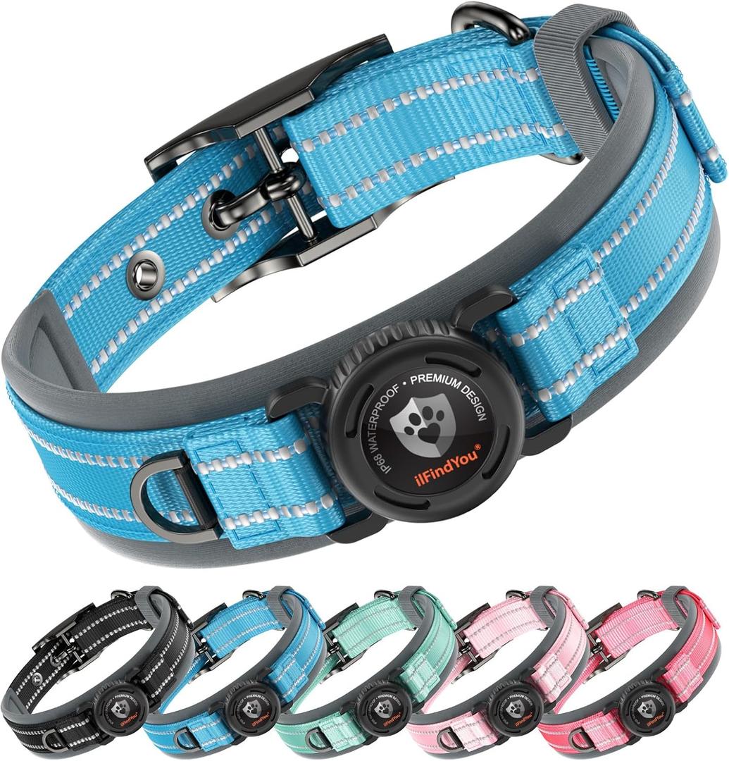 Dog Collar with Airtag Holder for XLarge Dogs, Upgraded Waterproof Air Tag Dog Collar Widened Comfortable Padded, Reflective, Ultra-Durable, Heavy Duty Dog Collars Adjustable - XL(24" - 28") Blue