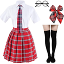 Japanese Tartan Pleated School Uniform Cosplay Costumes with Socks Eyeglass Frame Set, XXL