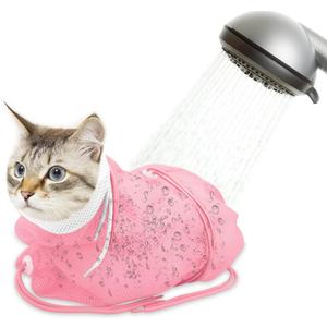 Cat Bathing Bag, Breathable Mesh Cat Shower Bag Anti Scratch Adjustable Cat Grooming Washing Bag for Nail Trimming Soft Polyester Large