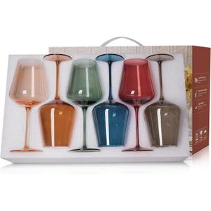 Colored Glasses Set of 6-17oz, Hand Blown Crystal Colorful Glasses with Long Stem, Unique Gift for Wedding, Birthday, Christmas