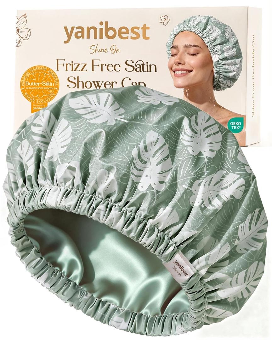 Yanibest Satin Lined Shower Cap for Women Reusable Waterproof, Frizz Free & Large Bath Cap with Soft Elastic Band, Luxury Hair Protection Caps (Green Leaves)