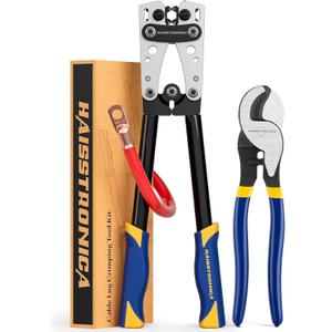 haisstronica Heavy Duty Battery Cable Crimping Tool Kit-Ratchet Hex Extended Handle Crimper for 8,6,4,2,1,1/0 AWG Copper Lugs with Cable Cutter