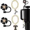 Straw Covers for Stanley Cup Accessories: Black Decorations for Stanley 30 oz & 40 oz Tumbler with Handle, Bling Letter Charms and Flower Silicone Straw Cap Topper, Trendy Stuff for Teen Girls & Women,Set of 2