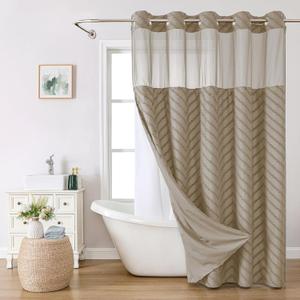 eachope No Hook Boho Farmhouse Shower Curtain with Snap-in Fabric Liner set-71Wx86H(84H),Beige Tufted Chevron Striped Hotel Grade Cloth Shower Curtains for Bathroom with Window,Water Repellent