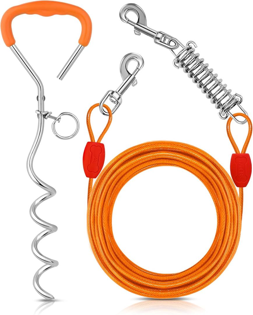 Petbobi Dog Tie-Out Cable and Stake - 30ft Heavy Duty Cable with Spring, No Tangle, 16in Ground Stake, Ideal for Yard, Camping and Beach, Suitable for Small Medium Large Dogs Up to 120 lbs, Orange