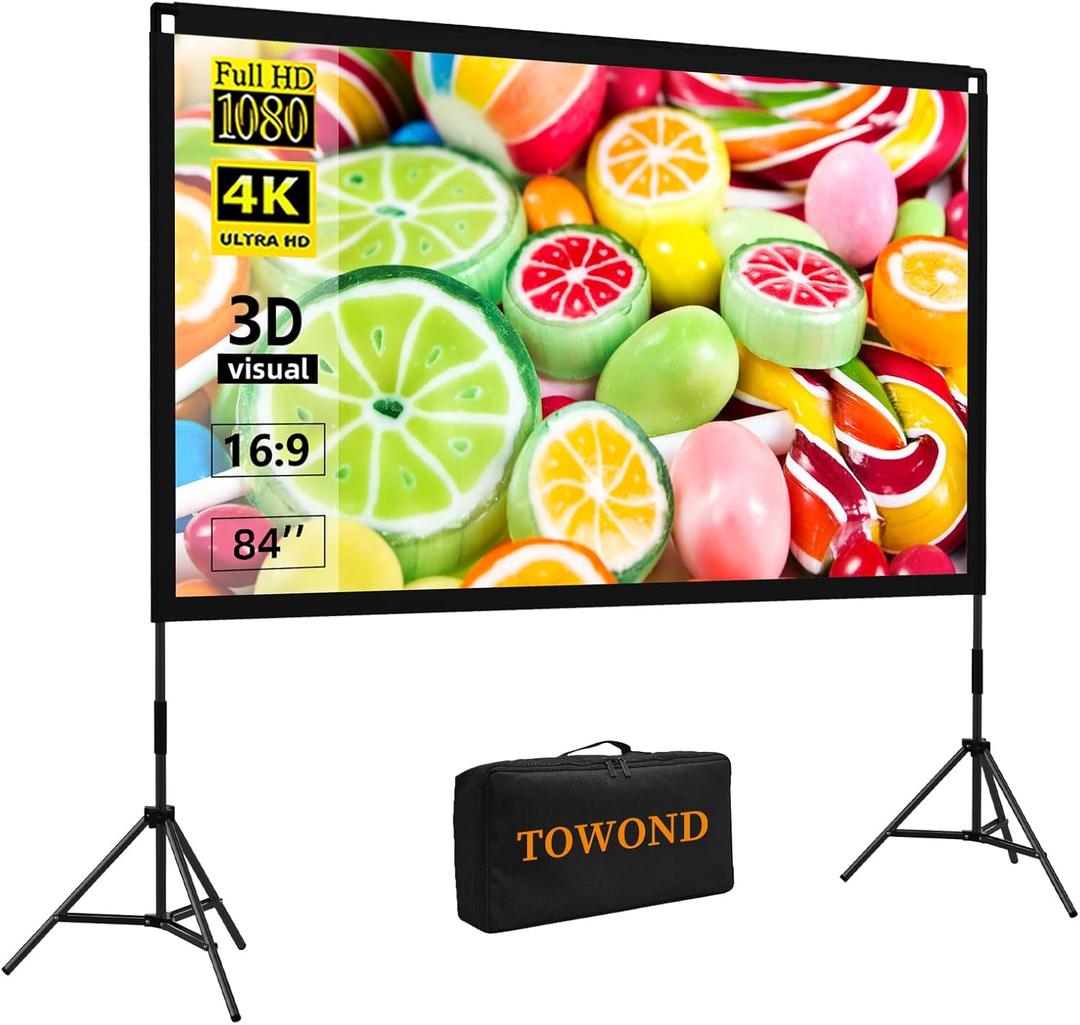 Projector Screen with Stand,84 inches Indoor Projector Screen Outdoor Portable 16:9 4K HD Rear Front Projection Movie Screen with Carry Bag Wrinkle-Free Design for Home Backyard Theater