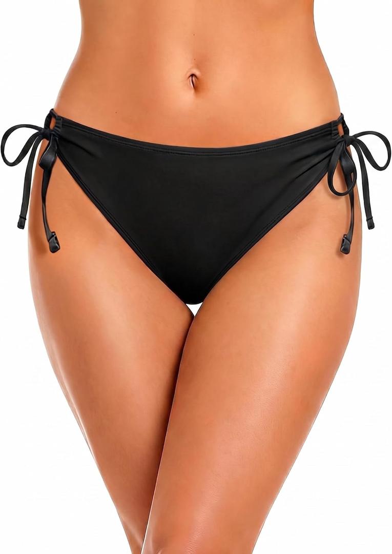 Zmart String Tie Side Bikini Bottoms - Women Full Coverage Swimsuit Bottom Mid Rise Mid Waist Swim Bathing Suit Bottom (Black, M)