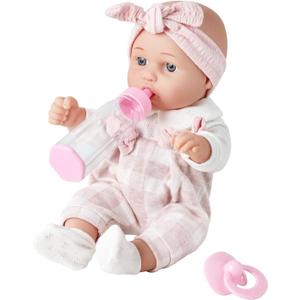 Enjoyin 12'' Baby Doll in Gift Box with Pink Cloths, Pacifier, 13''x13'' Microfabric Blanket, and Feeding Bottle. Gift Idea for Ages 3+