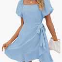 SAMPEEL Womens Summer Dresses Square Neck Puff Sleeve Tie Waist Short Dress XXL Baby Blue