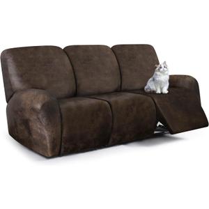 Leather Look Recliner Couch Cover, 8-Pieces Stretch Recliner Sofa Covers, Soft Reclining Slipcover, Washable Furniture Protector for Pets (3 Seater, Brown)