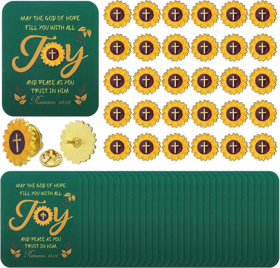 30 Sets Sunflower Pins on Card Bulk Religious Joy Faith Sunflower Pins with Card Gifts Religious Christian Bible Verse Lapel Pin with Card for Church Gift Sunday School Party Favor