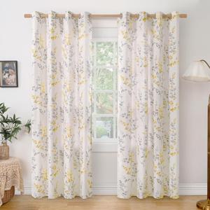 BGment Boho Linen Curtains for Living Room 84 Inch Length 2 Panels, Print Leaf Patterns, Light Filtering Privacy Window Curtains for Bedroom Farmhouse Natural Design, Each 52Inch Wide, Yellow (52"W x 84"L (Pack of 2), Yellow & Grey)