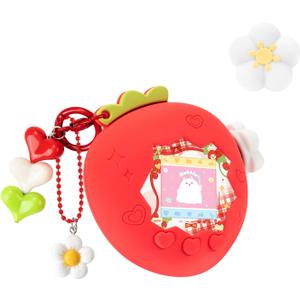 Strawberry Bubble Protective Case for Tamagotchi Paradise, Soft TPU Silicone Cover with Faceplate, Flower Shaped Zoom Dial Cap & Charms Set, Anti-Scratch & Waterproof (Red)