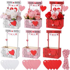 Jaloro 6 Set Valentine Kissing Booth Stand Sign Table Decoration Valentine Wood Box with Love Cards, Red and White Rope for Festival Home Office Kitchen Farmhouse Party Decor