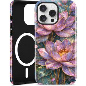 Jusy Compatible with MagSafe Lotus Case for iPhone 15 Pro, Aesthetic Stained Glass Floral Magnetic Phone Case, Soft TPU and Hard PC Protective Cover for Women Girls (Shiny) -Lotus