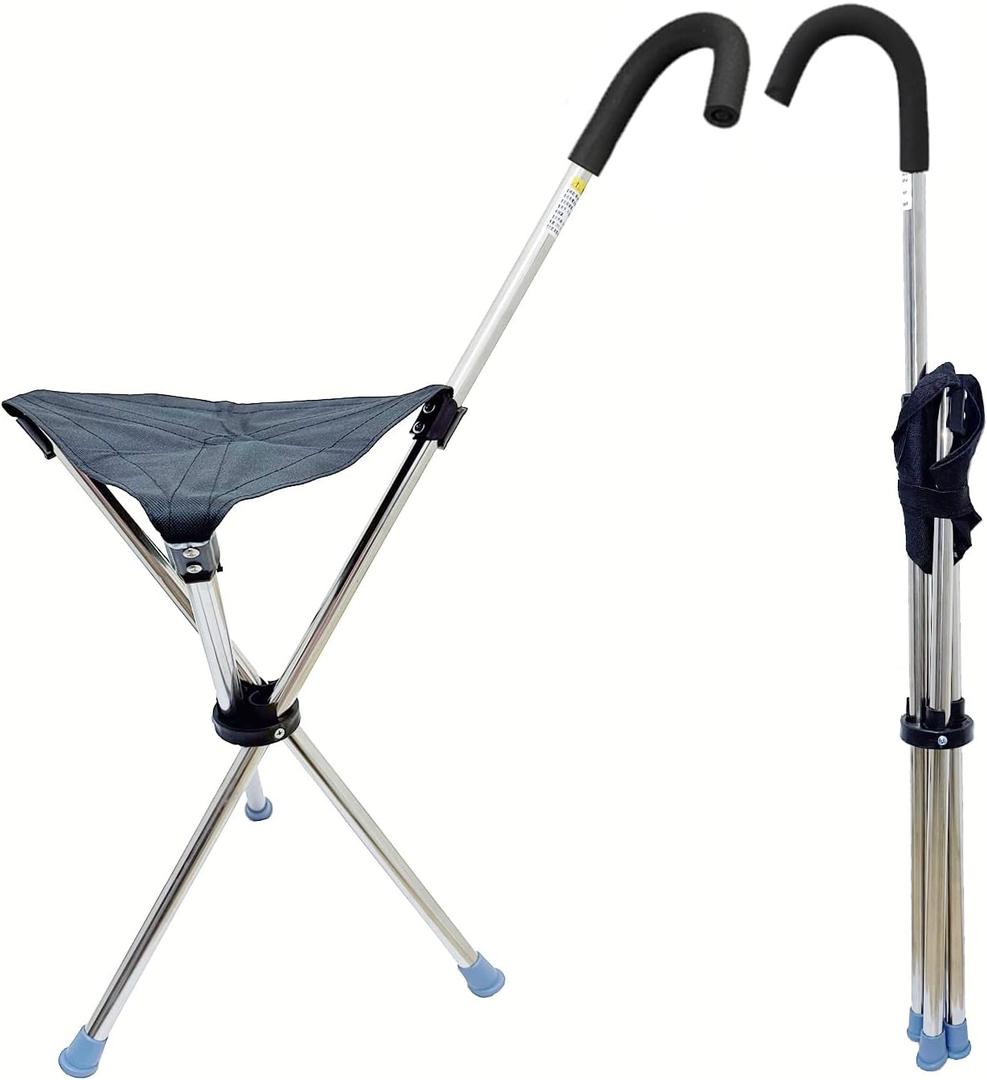 Cane with Seat - Portable Stool Chair, Supports Up to 200 Lbs cameping Chairs, Lightweight Up to 1.4 Lbs, Suitable for Men, Women, Seniors, People with Disabilities (Bent Handle Black)