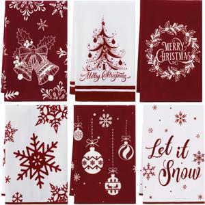 Tatuo 6 Pcs Christmas Kitchen Towels Snowflake Merry Christmas Tree Bell Dish Towels Winter Holiday Hand Towels Absorbent Dishcloths Farmhouse Christmas Decor Gift for Home Bathroom Cleaning(Red)