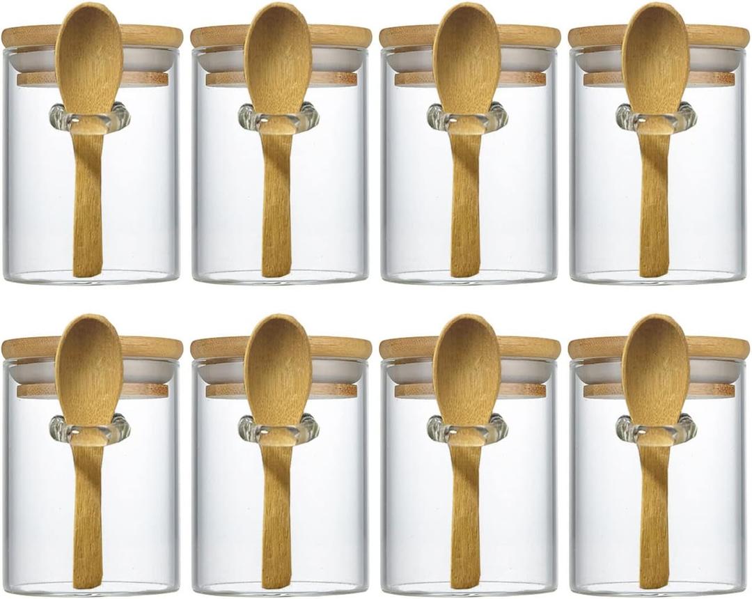 7.6 oz Airtight Mini Glass Jars with Bamboo Lids and Bamboo Spoons, Spice Jars Small Food Storage Containers for Kitchen, Bathroom, Home Decor Set of 8